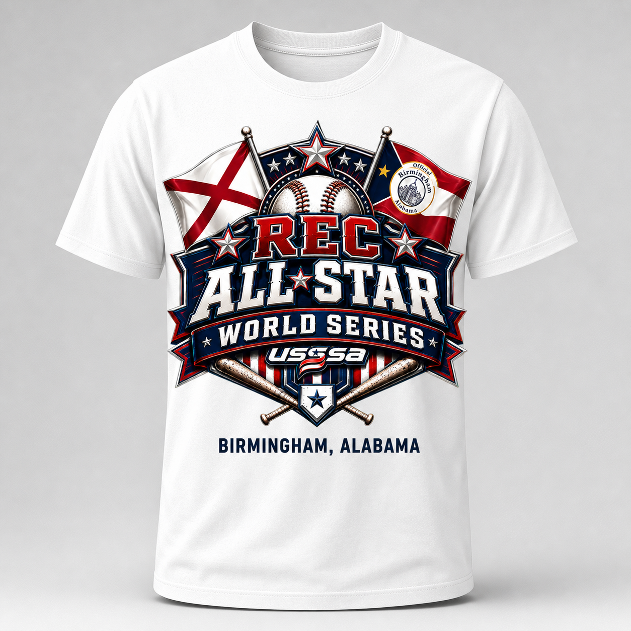 White Rec All-Star World Series T-shirt with Birmingham, Alabama event design